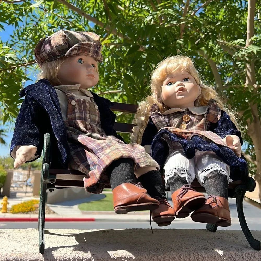 Porcelain Dolls Unique 5000 Boy Girl Matching Outfits Wood Park Bench Vintage